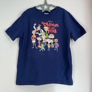 Disney Y2K Phineas and Ferb Cartoon Graphic Print Navy T-Shirt XS Youth